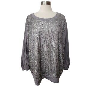 Ashley Sport Top Womens Plus Size 34/36 Gray Knit SEQUINS  Pullover LS Stretchy